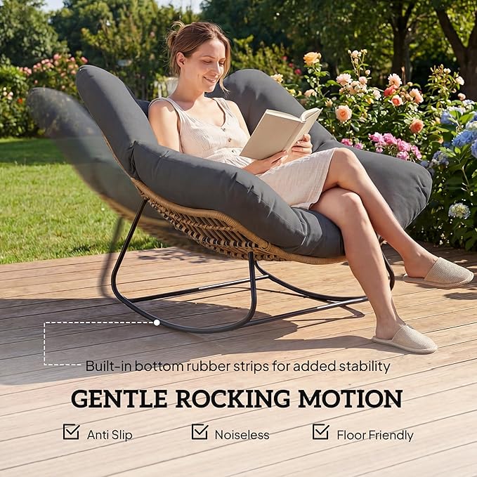 Outsunny Papasan Rocking Chair, Wicker Oversized Indoor Outdoor Rocking Chair with Cushion, PE Rattan Padded Outdoor Rocker Egg Chairs for Living Room, Garden, Patio, Balcony, Dark Gray