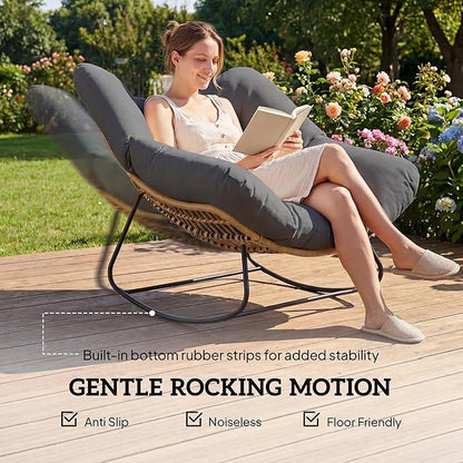 Outsunny Papasan Rocking Chair, Wicker Oversized Indoor Outdoor Rocking Chair with Cushion, PE Rattan Padded Outdoor Rocker Egg Chairs for Living Room, Garden, Patio, Balcony, Dark Gray