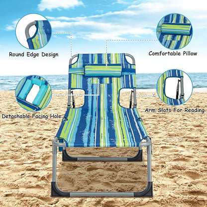 GYMAX Tanning Chair, Folding Beach Lounger with Face Arm Hole, Adjustable Backrest, Side Pocket & Carry Handle, Outside Sunbathing Lounge Chair for Patio, Poolside, Lawn (2, Blue Stripe)