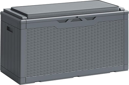 Greesum 100 Gallon Resin Deck Box Large Outdoor Storage Boxes with Cushions for Garden Tools, Patio Furniture Pillows, Pool Supplies, Gray