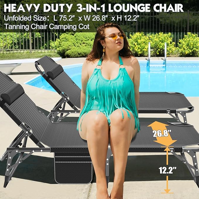 MOPHOTO Folding Chaise Lounge Chair 5-Position, Folding Cot, Heavy Duty Patio Chaise Lounges for Outside, Poolside, Beach, Lawn, Camping (Lounge Cot, Silver Azure)
