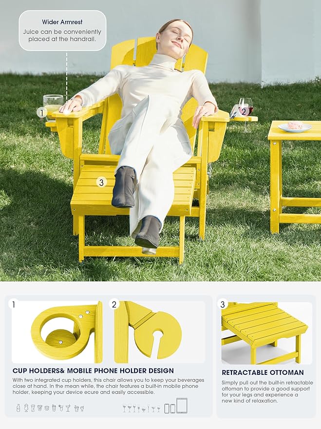 KINGYES Folding Adjustable Adirondack Chair with Ottoman & 2 Cup Holders, HDPE Adirondack Recliner Chair with Footrest, Yellow