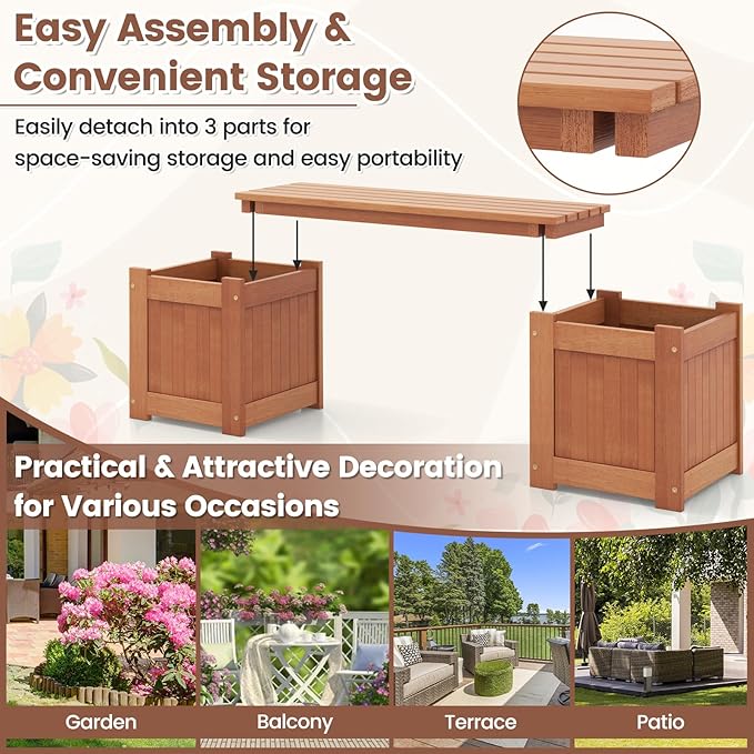 Moccha Wood Garden Bench with Planter Boxes, Raised Garden Bed with Open-Ended Base, Teak Oil Finish, Patio Planter Box Bench, Outdoor Plant Container for Garden, Yard, Lawn, Balcony, DIY Assembly
