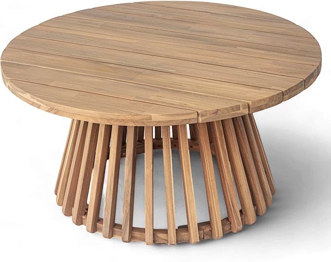 Christopher Knight Home Hakee Acacia Wood Patio Coffee Table, Round Coffee Table with Unique Wooden Base, Stylish Indoor/Outdoor Table, Easy Assembly, 31.5" x 31.5" x 16", Light Teak