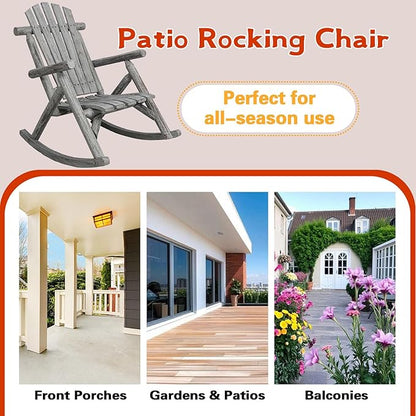 Wooden Rocking Chair Outdoor, Ergonomic High Back Patio Rocking Chairs, Porch Rocker for Backyard/Lawn/Patio/Garden/Balcony/FirePit/Indoor (Light Gray)
