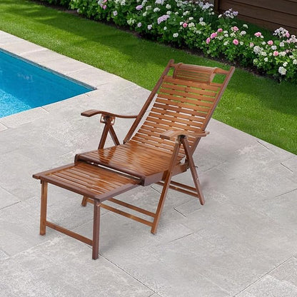 Foldable Bamboo Lounger Chair, Adjustable Back Patio Reclining Chair with Massage Hammer, Foldable Outdoor Chaise Lounge Chair for Backyard Yard Pool Beach Load Capacity 440Lbs