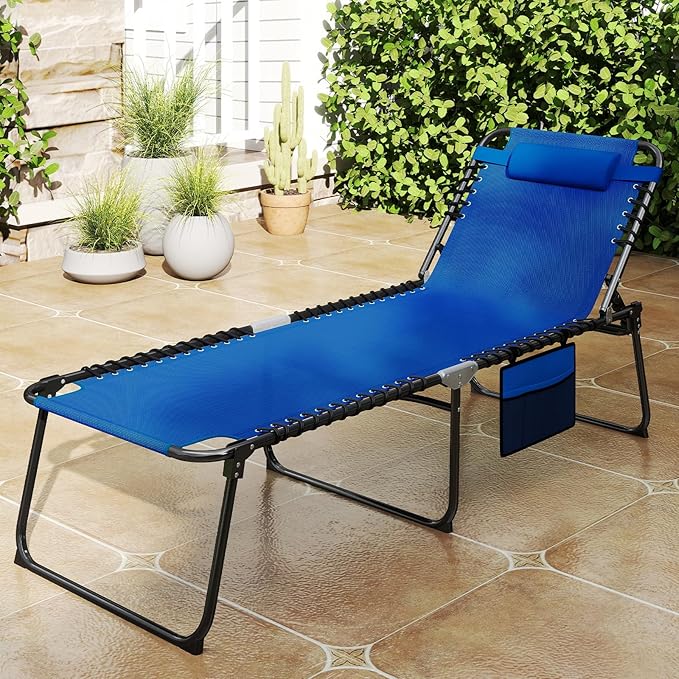 Goplus Chaise Lounge Chair Outdoor, Extra Large Folding 5-Postion Beach Bed with Detachable Pillow, Side Pocket, Adjustable Sunbathing Tanning Chair for Patio Lawn Pool Yard
