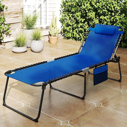 Goplus Chaise Lounge Chair Outdoor, Extra Large Folding 5-Postion Beach Bed with Detachable Pillow, Side Pocket, Adjustable Sunbathing Tanning Chair for Patio Lawn Pool Yard