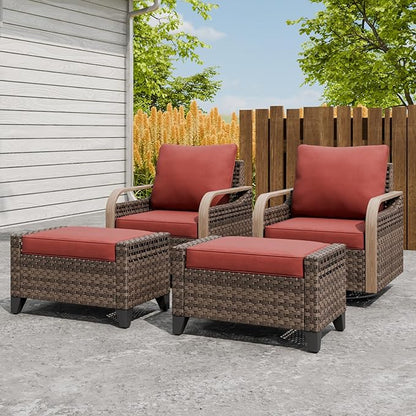 Modern Wicker Outdoor Swivel Rocking Chairs, Rattan Glider Rocker Patio Furniture for Backyard, Deck, Porch, Garden, 2 Chairs 2 Ottomans, Brown/Red