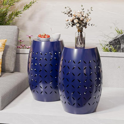 VINGLI Outdoor Iron Side Table, Patio End Table Anti-Rust Metal Round Drum Garden Stool Plant Stand Indoor Iron Accent Table for Patio Deck Porch Living Room (Navy Blue)