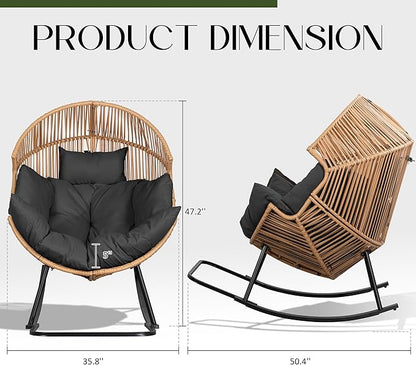 JAMFLY Wicker Egg Chair - Rattan Rocking Chairs with Cushion, Indoor-Outdoor Lounge Egg Basket Seat for Living Room, Bedroom, Patio, Backyard, Balcony (Grey/Beige)