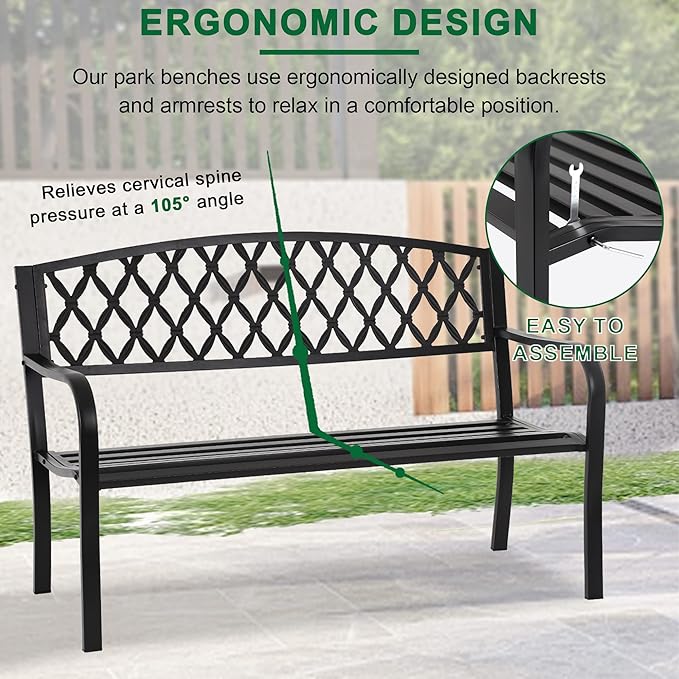 50-Inch Garden Bench,Park Outdoor Bench Metal Bench Clearance Yard Porch Chair with Steel Frame Outdoor Furniture for Backyard Entryway Deck Lawn, Black