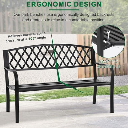 50-Inch Garden Bench,Park Outdoor Bench Metal Bench Clearance Yard Porch Chair with Steel Frame Outdoor Furniture for Backyard Entryway Deck Lawn, Black