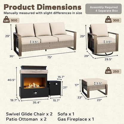 6 Pieces Metal Wicker Patio Furniture Set - 75" Sofa, Two Swivel Chairs and Two Ottomans, One Fireplace All Weather Rattan Outdoor Conversation Furniture with Washable Cushion for Deck, Beige