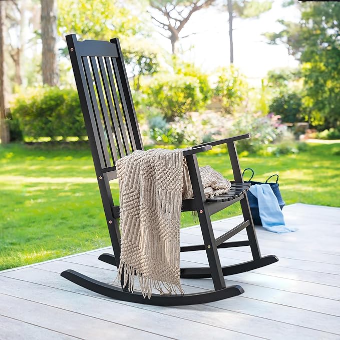 Greesum Outdoor Rocking Chairs Set of 2, Acacia High Back Oversized All-Weather Lounge Rocker with 320 lbs of Support for Patio, Garden, Deck, Porch,Black