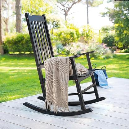Greesum Outdoor Rocking Chairs Set of 2, Acacia High Back Oversized All-Weather Lounge Rocker with 320 lbs of Support for Patio, Garden, Deck, Porch,Black