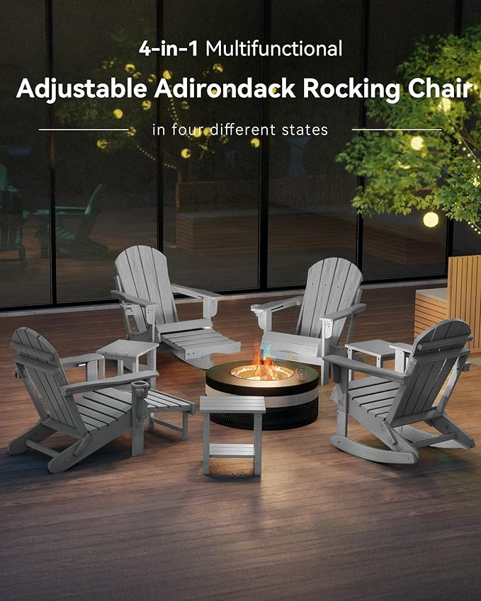 Adjustable Adirondack Rocking Chair with Retractable Ottoman, 4-in-1 Multifunctional Folding Patio Chair with Cup Holder, Outdoor Chair Wood Texture for Lawn, Porch, Backyard, Pool(Grey)