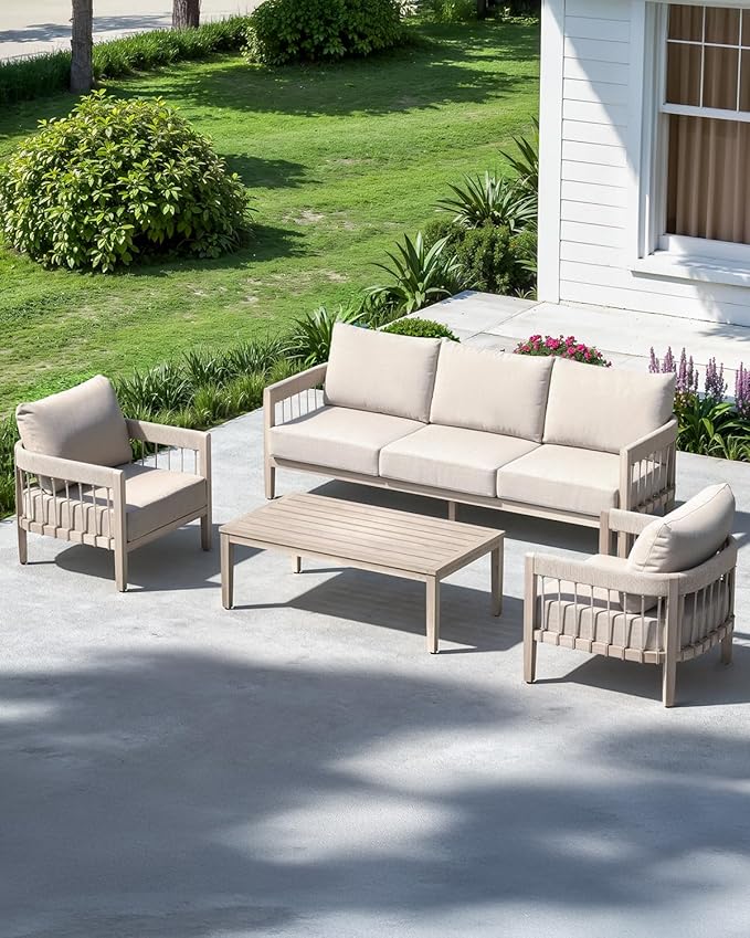 Never-Rust Aluminum Outdoor Coffee Table, All-Weather Patio Coffee Table with Faux Wood Grain Finish Frame, Rectangle - Photo 8