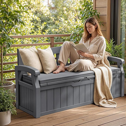 JUMMICO 80 Gallon Resin Outdoor Storage Bench with Cushion, Large Deck Box with Armrest, Lockable&Waterproof for Garden, Home, Patio, Pools (Grey, 80 Gallon)