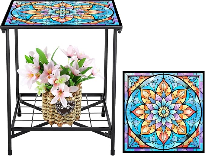 Outdoor Side Table 2-Tier Storage Square Small Mosaic Patio Accent Indoor End Plant Coffee Tea Table for Yard Patio Porch Garden Living Room, Bedroom(Mandala Style)