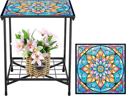 Outdoor Side Table 2-Tier Storage Square Small Mosaic Patio Accent Indoor End Plant Coffee Tea Table for Yard Patio Porch Garden Living Room, Bedroom(Mandala Style)