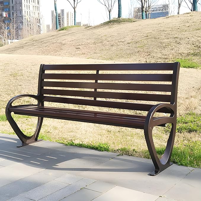 LITFAD Garden Bench Industrial Metal Frame Park Bench with Waterproof Wood Curved Seat Outdoor Seating Bench for Patio, Lawn, Yard, Porch - Brown 59" L x 19.5" W x 30.5" H