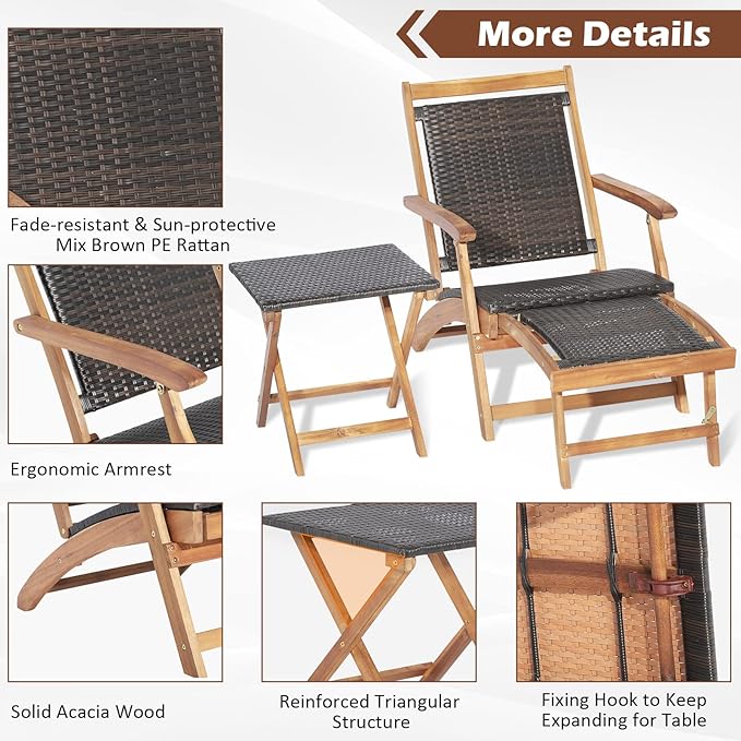 Tangkula Patio Lounge Chair and Side Table Set, Acacia Wood Wicker Folding Table and Armrest Chair with Retractable Ottoman, Outdoor Chaise Lounger for Garden, Backyard, Poolside, Balcony