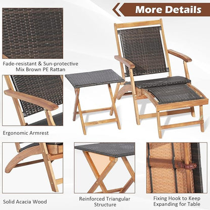 Tangkula Patio Lounge Chair and Side Table Set, Acacia Wood Wicker Folding Table and Armrest Chair with Retractable Ottoman, Outdoor Chaise Lounger for Garden, Backyard, Poolside, Balcony