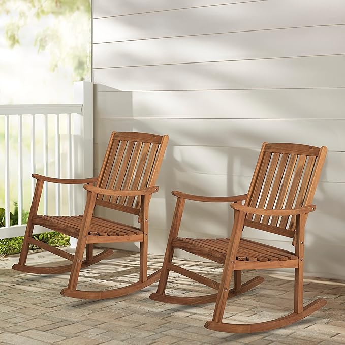 JONATHAN Y RCK102A-SET2 Wendy Classic Slat-Back 300-Lbs Support Acacia Wood Patio Outdoor Rocking Chair for Garden, Lawn, Backyard, Pool, Deck, Beach, Firepit, Teak, Set of 2