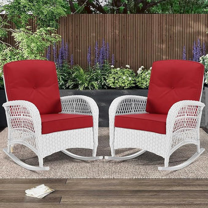 MEETWARM Outdoor Wicker Rocking Chairs Set of 2, Rattan Patio Rocker Chairs with Thick Cushions and High Back, All-Weather Patio Wicker Chair with Safe Rocking Design for Garden, White/Red