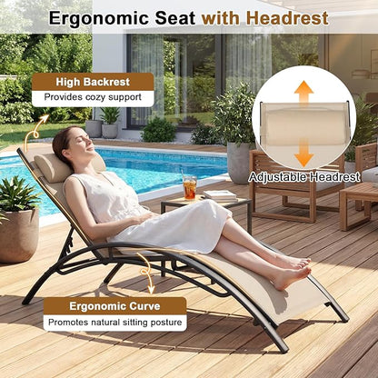 Tangkula Lounge Chairs Outdoor Set of 2, Heavy-Duty Patio Chaise Lounges with 5-Position Backrest & Breathable Seat Fabric, Outside Beach Pool Sunbathing Recliner for Backyard, Poolside (Beige)