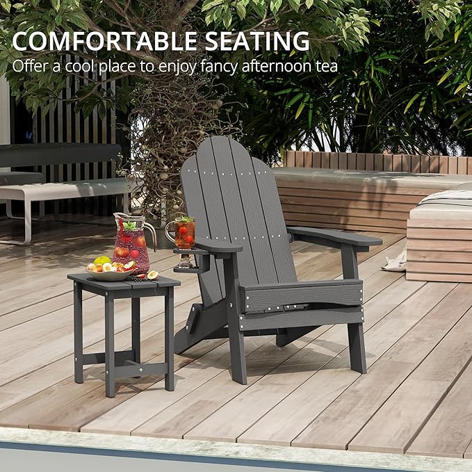 LUE BONA Folding Adirondack Chair Set of 4, Dark Gray HDPS Fire Pit Patio Chairs Weather Resistant, Modern Plastic Outdoor Chairs with Cup Holder
