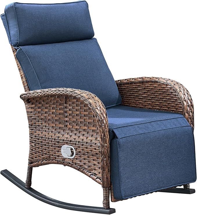 Belord Zero Gravity Patio Swivel Rocking Recliner Chair - Wicker Outdoor Lounge Chair with Adjustable Backrest & Footrest, All Weather Reclining Rocker Chairs with Thick Cushion for Pool Deck Blue