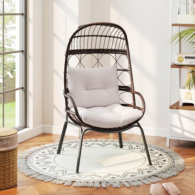 Tangkula Narrow Wicker Egg Chair Outdoor, Patio Rattan Lounge Basket with Seat & Back Cushions, Metal Indoor Outdoor Leisure Sofa Cocoon Chair for Bedroom, Backyard, Balcony, 400 lbs Max Load