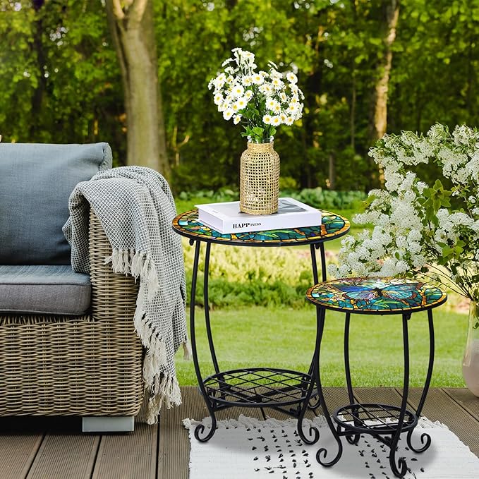 2 Pcs Outdoor Side Table Small Patio Round Mosaic Accent End Table Indoor Plant Metal Coffee Tea Tables for Patio Yard - Photo 9