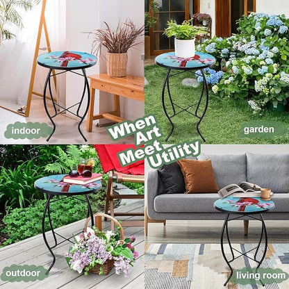 VCUTEKA Patio Side Table Outdoor Accent Table Bistro Coffee Table Plant End Table Small Porch Table Indoor Round Glass Balcony Plant Table Stands Cardinal 14''