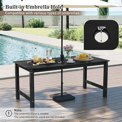 Tangkula 3 Pieces Outdoor HDPE Dining Table Set with 2 Benches, Weather Resistant Patio Furniture Set with 1.77” Umbrella Hole and Wood-Like Surface for Garden, Backyard and Poolside (Black, 3 Pcs)