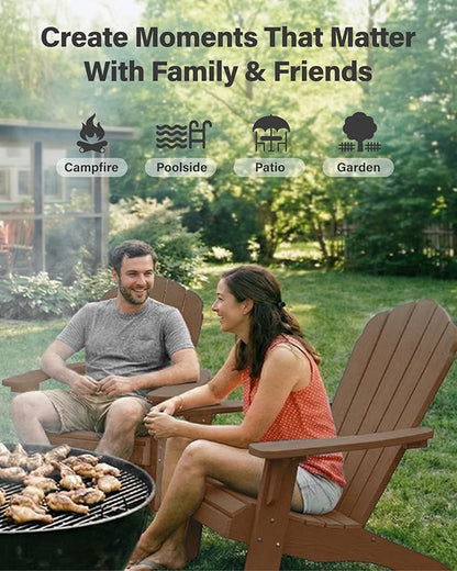 YEFU Oversized Plastic Adirondack Chair Set of 4 with Cup-Holder, Weather Resistant, Poly Lumber Outdoor Chairs Duty Rating Widely Used in Patio, Lawn, Outside, Deck, Garden Chair-Teak