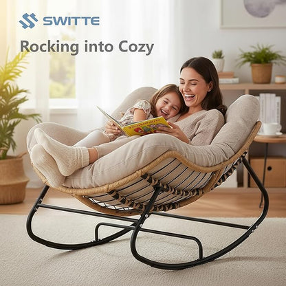 SWITTE Outdoor Rocking Chair, Oversized Patio Papasan Rocker, Comfy Wicker Reading Lounge, Indoor Egg Chair for Bedroom, Living Room, Porch, Garden, Lawn-Cream