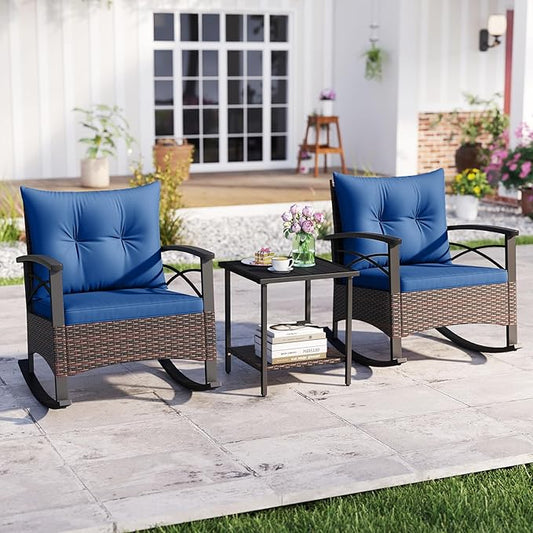 ORALNER 3-Piece Wicker Rocking Chair Set, Outdoor Cushioned Rocker and Acacia Wood Side Table, 400lbs Capacity, PE Rattan Patio Conversation Bistro Set for Porch, Garden, Deck, Poolside, Yard (Navy)