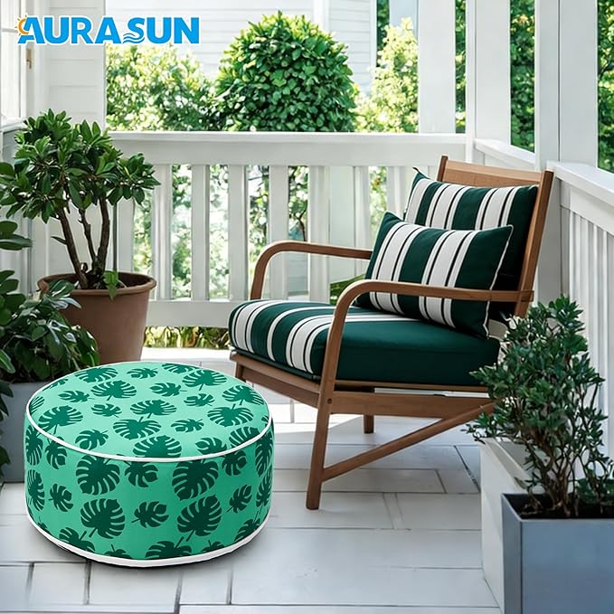 AURASUN Inflatable Patio Ottoman Pouf - Portable Stool with Handle D20” x H10” - Air Pump Included for Outdoor Indoor Use - Comfortable Foot Rest or Seating for Garden Camping or Home (Green)