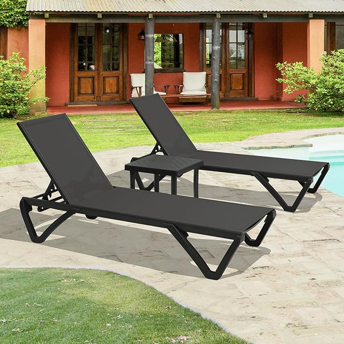 Domi Pool Lounge Chairs, Aluminum Patio Chaise Lounge with Side Table, 5 Position Adjustable Backrest and Wheels, All Weather Outdoor Lounge Chairs for Beach, Yard, Balcony, Poolside, Dark Grey
