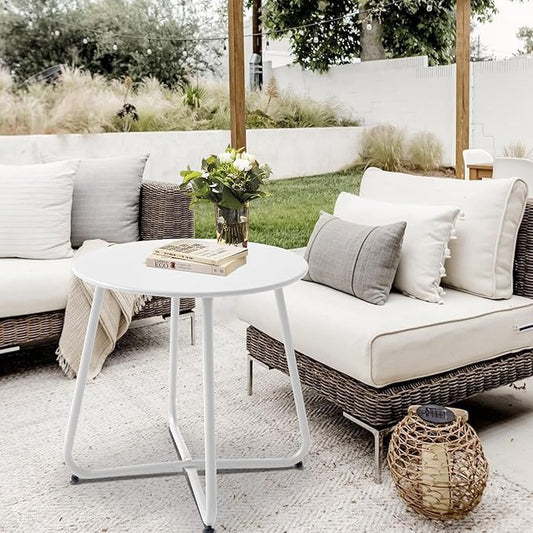 Outdoor Table Small Patio Side Table Waterproof Round Metal Side Table Weather Resistant Portable Outdoor and Indoor End Table for Garden, Balcony, Yard (White)