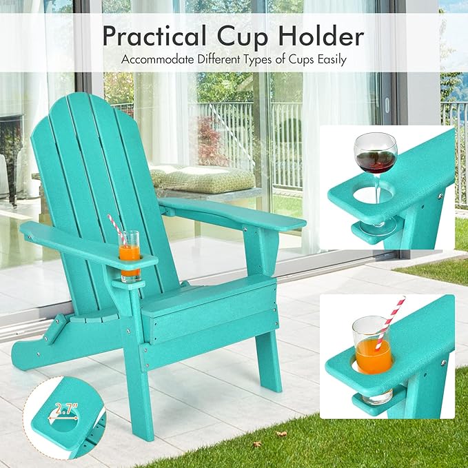 Giantex 2-Pack Adirondack Chair, Outdoor Folding Chairs, Weather Resistant Patio Chair with Cup Holder Lawn Chair for Patio, Garden, Backyard, Balcony, Deck Outside Fire Pit Chair (Turquoise)