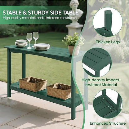 Weatherproof HIPS Outdoor Console Table, 48'' 2-Shelf Side Table Indoor/Outdoor Use, Multifunctional Buffet Table Bar Storage Organizer for Entryway, Patio, Outside Plant Stand Table, Green