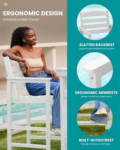 SERWALL Tall Adirondack Chairs Set of 2, Oversize Balcony Adirondack Chairs Set, Outdoor Bar Height Barstools Widened Chair Set for Bistro, Poolside, Garden, White