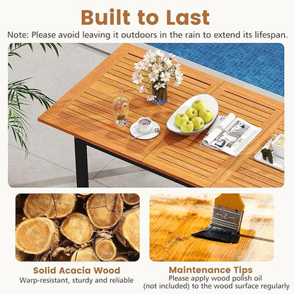 Tangkula 64 Inches Extendable Patio Dining Table for 4-8 People, Acacia Wood Outdoor Slatted Table with 1.97" Umbrella Hole & Metal Leg, Indoor/Outdoor Rectangular Table for Deck Garden Backyard