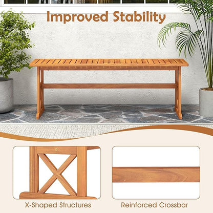 HAPPYGRILL Acacia Wood Outdoor Bench for 2-3 People, Patio Bench with Slatted Seat & X-Shaped Frame, for Porch Garden Backyard and Park (2)