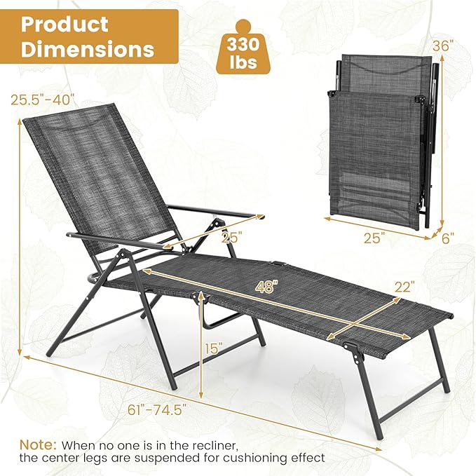 Tangkula Outdoor Lounge Chairs Set of 2, Patio Folding Chaise Recliner with 6-Level Backrest - Photo 3