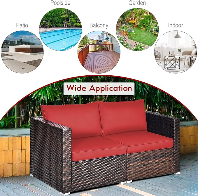 Tangkula 2 Seat Outdoor Wicker Loveseat Sofa Set, Modular PE Rattan 2 Pieces Outdoor Wicker Corner Sofa, Outside Furniture Set for Deck, Backyard, Porch, Garden & Poolside, Red
